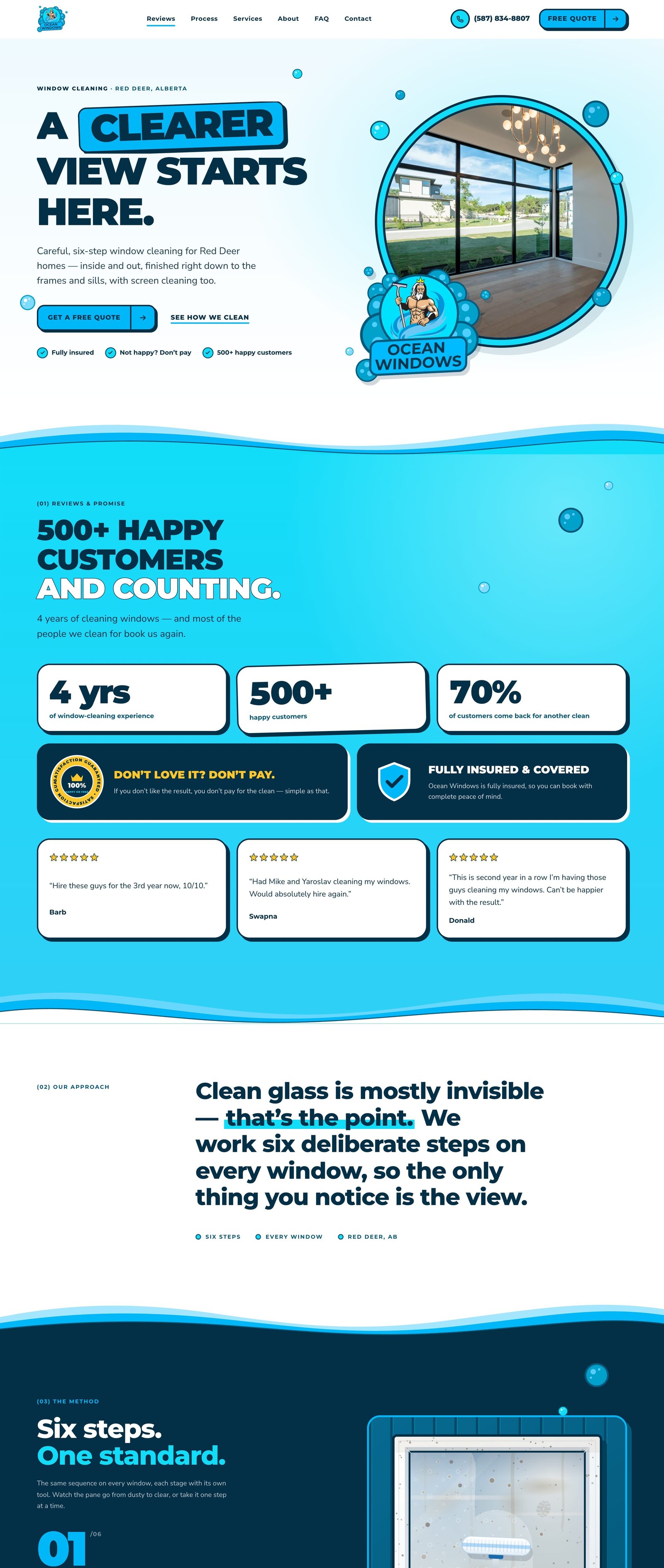 Ocean Windows home page: headline “A clearer view starts here” next to a round window with the bubble logo