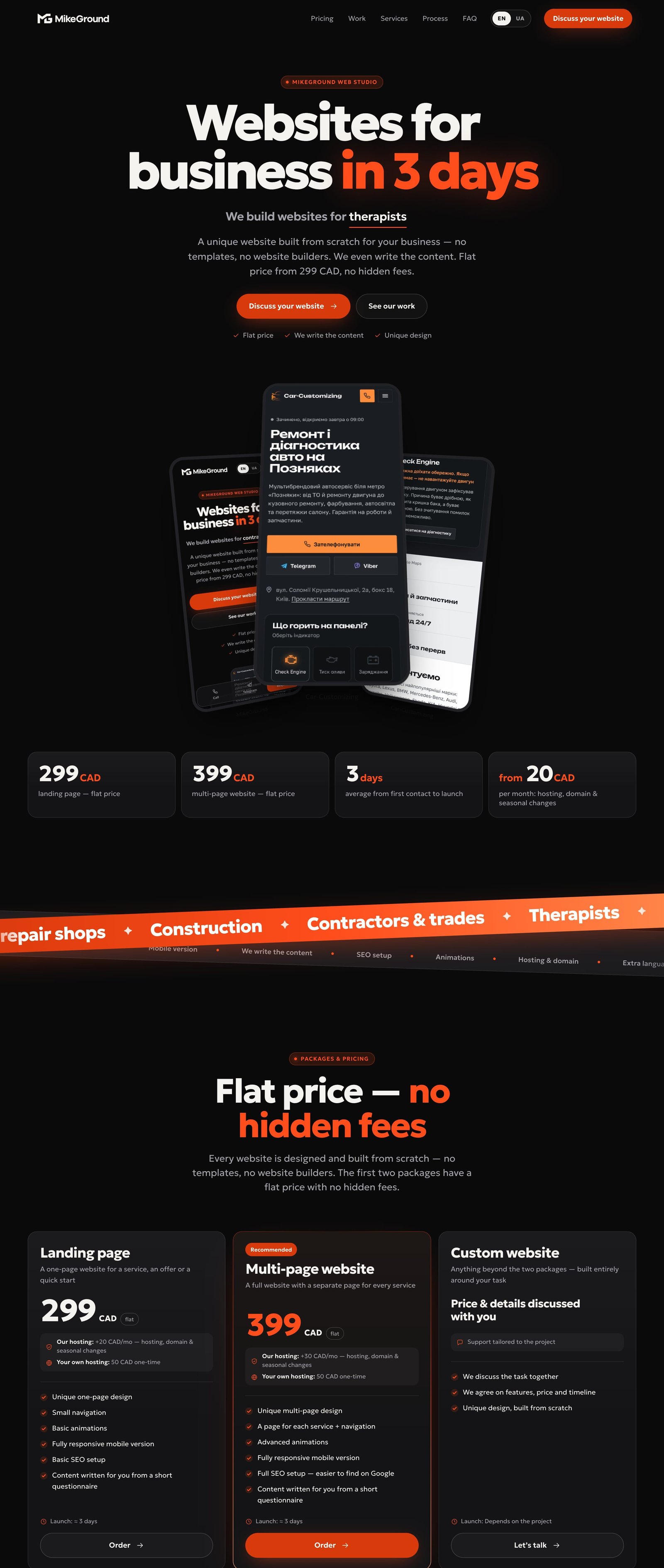 MikeGround home page: “Websites for business in 3 days” with phones showing live projects