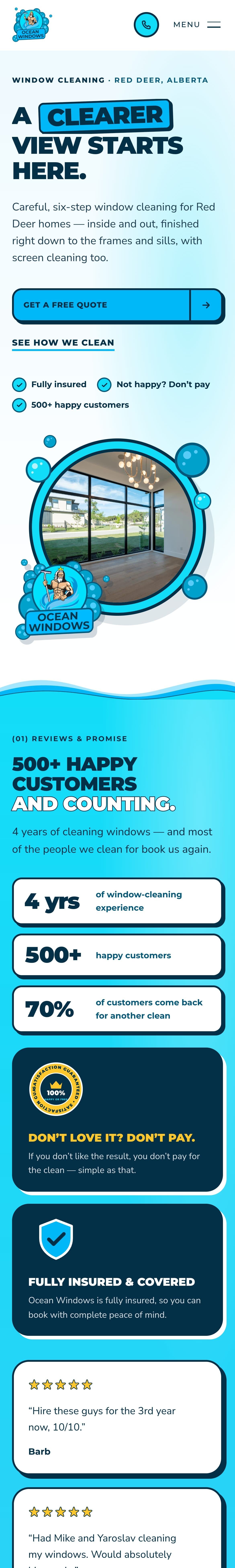 Ocean Windows on a phone: headline, free quote button and trust points