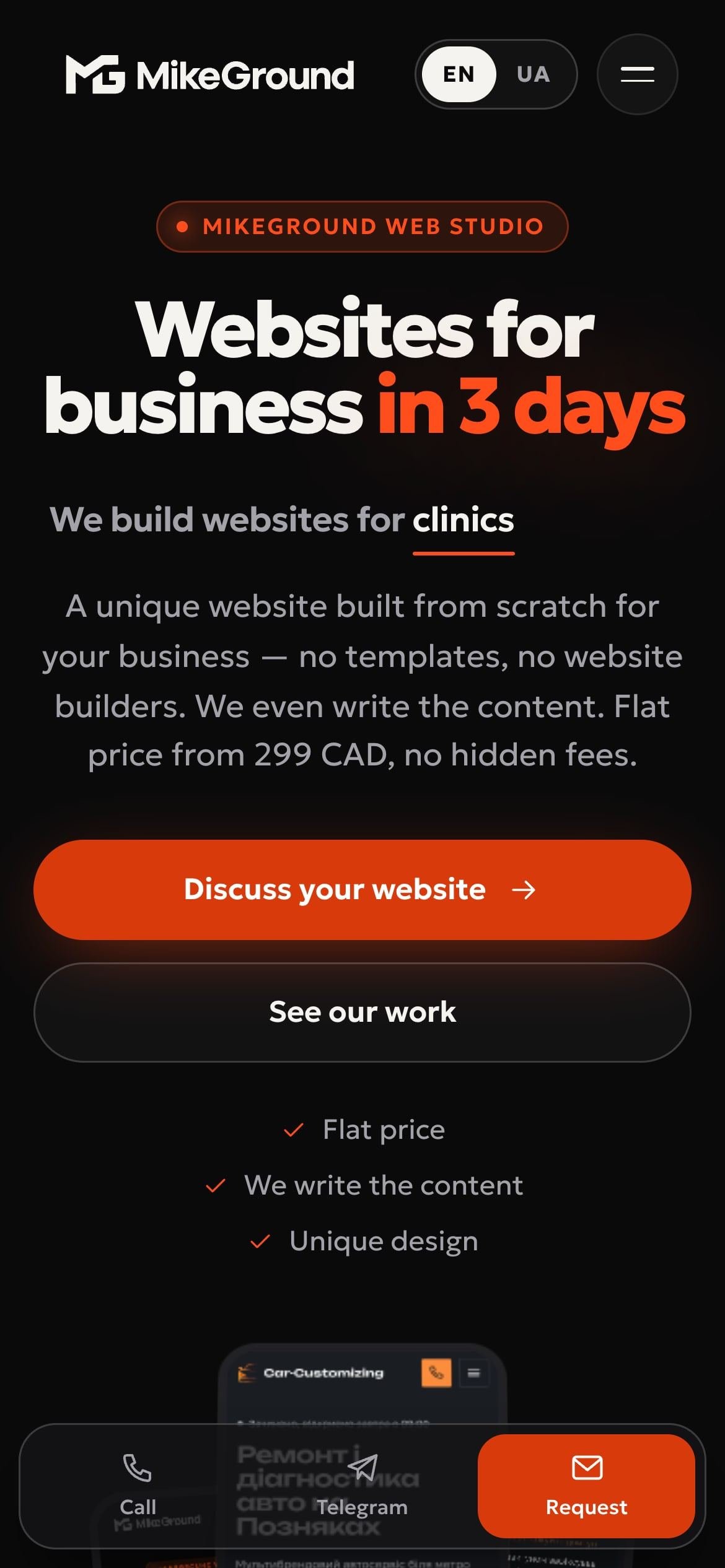 MikeGround on a phone: headline, buttons and the bottom contact bar